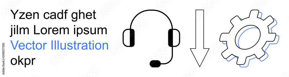 Obraz premium Customer support, innovation, workflow, technology management, communication, problem-solving. Headset, downward arrow and gear illustration. Customer support and workflow concepts
