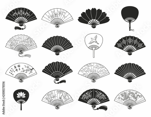 A collection of traditional Asian hand fans, including folding sensu and rigid uchiwa styles, featuring various decorative patterns and designs.