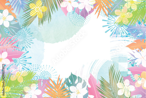 Colorful tropical floral background with pastel summer leaves and flowers