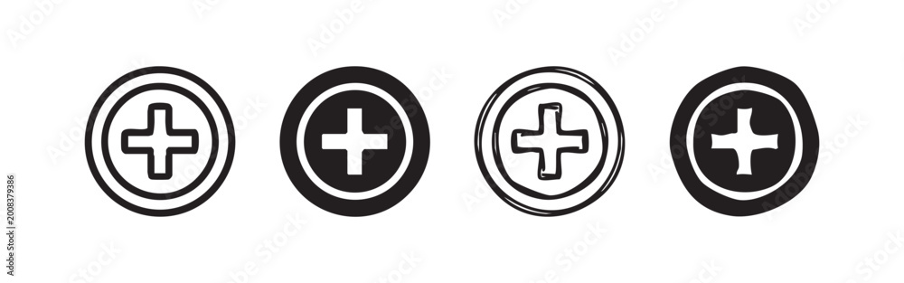 Fototapeta premium Plus Sign Icon Set, Medical Cross Circle in Outline and Silhouette Styles
