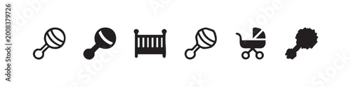 Obraz na płótnie Baby nursery items collection with rattle crib and stroller icon set