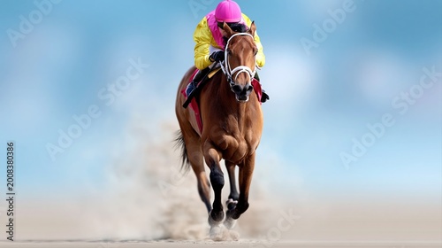 Race Horse Galop Against Blue Sky Background