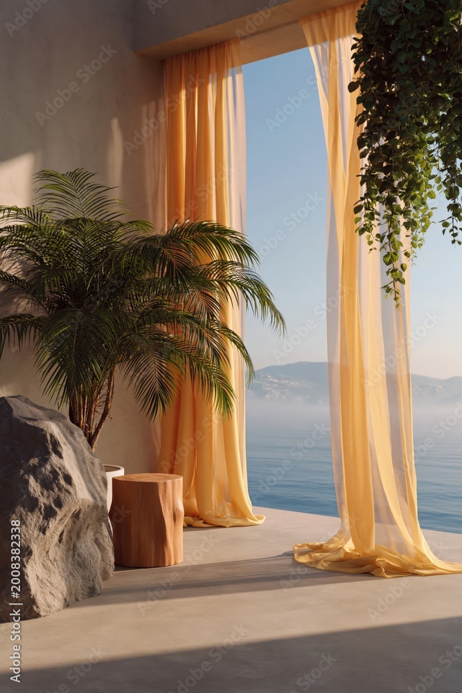 Naklejka premium Potted palm beside sheer curtains overlooking calm seaside