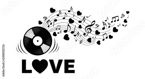 Fotografia The vinyl record spins love music notes and hearts emerge