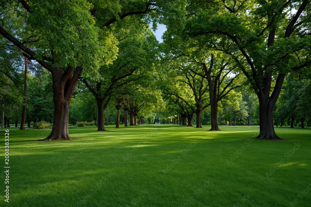 Obraz premium Symmetrical avenue of large trees over expansive grassy lawn