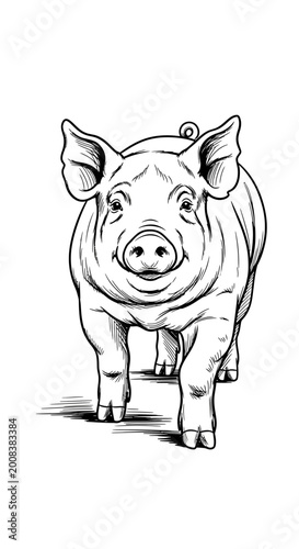 Line art of a smiling pig walking forward