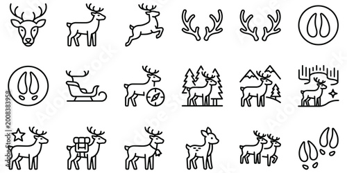 Reindeer and deer wildlife icon set containing buck antlers track hoof print sleigh compass forest mountains night sky northern lights stars.