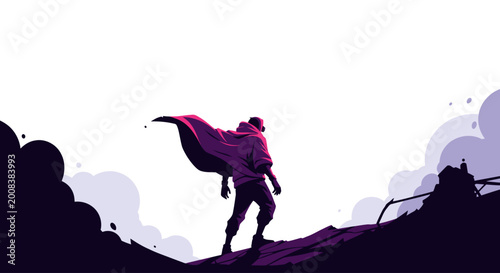superhero silhouette standing on hill with cape flowing in wind