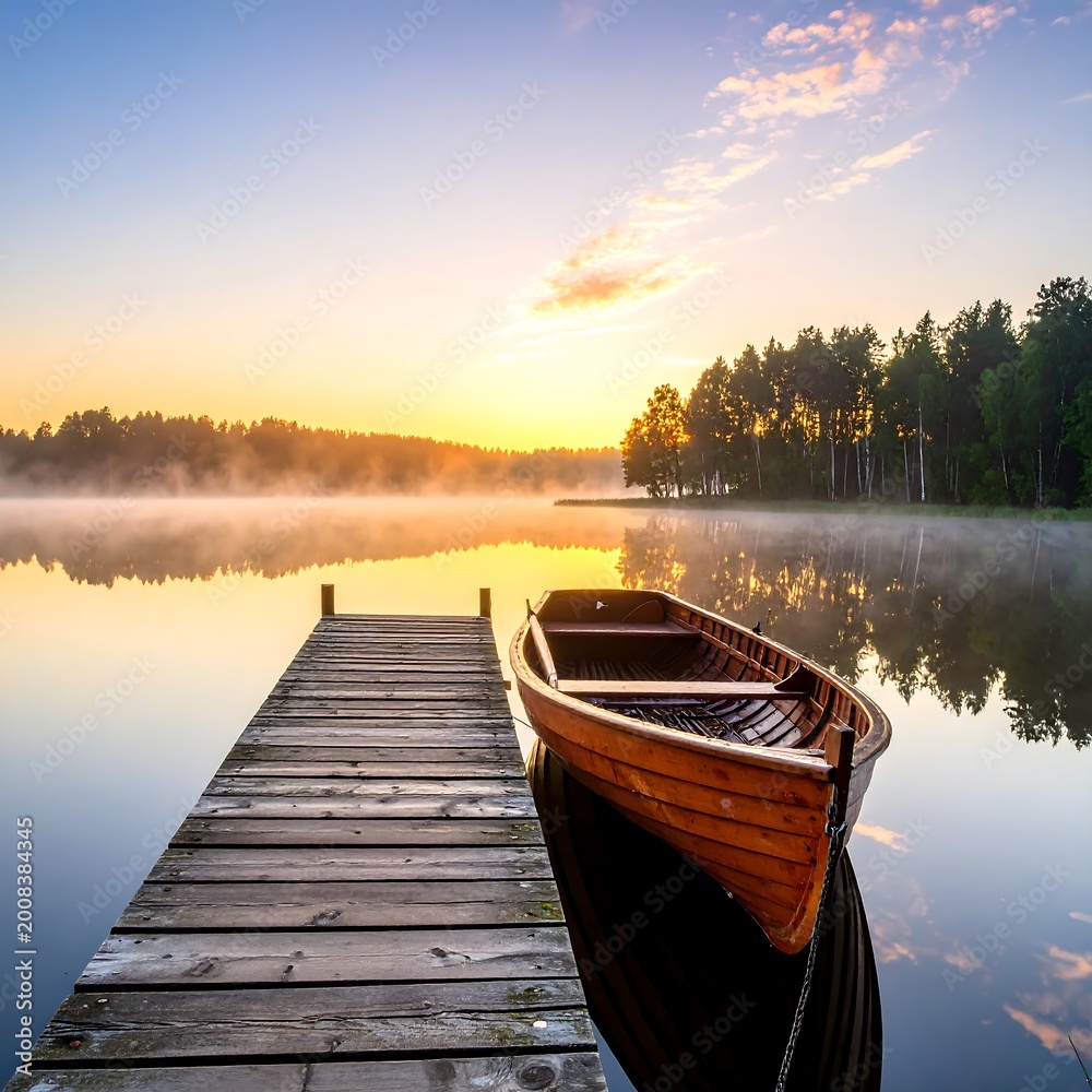 Fototapeta premium A serene lake scene at sunrise with a wooden boat