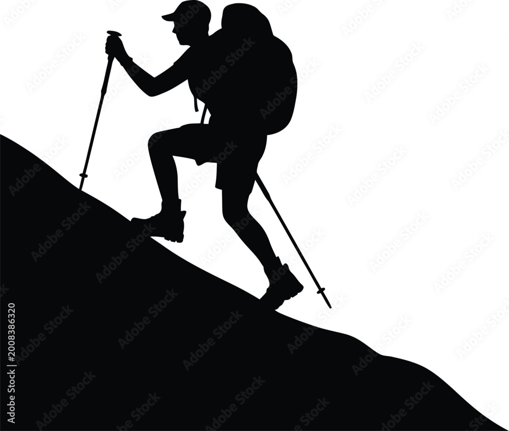 Fototapeta premium Silhouette of hiker with backpack and poles climbing a steep mountain slope