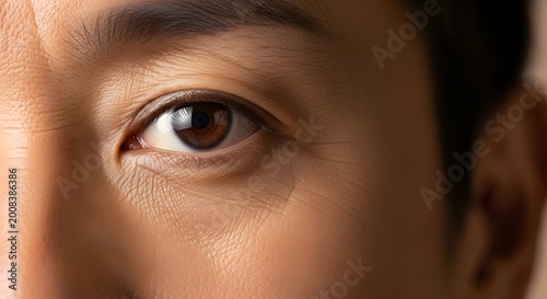 Close-up view of a person's brown eye and face