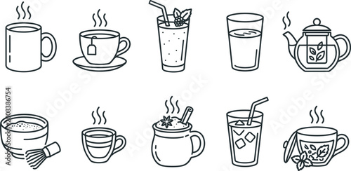Hot and cold beverages outline icon set featuring tea coffee smoothie matcha teapot mug for cafe restaurant menu lifestyle wellness minimal UI vector design collection.