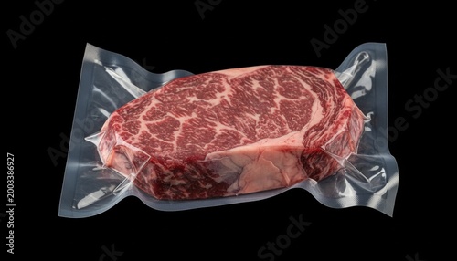High resulation image of raw Striploin marbled beef steak vacuum Packed isolated on black, logo mockup