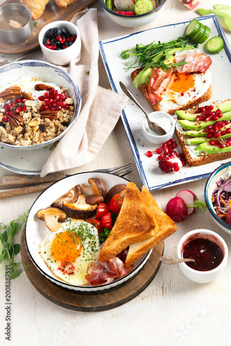 Extensive breakfast buffet with fresh products. Healthy breakfast.