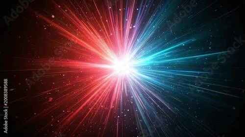 A supernova explosion and energy release in outer space where red and blue light collide.
