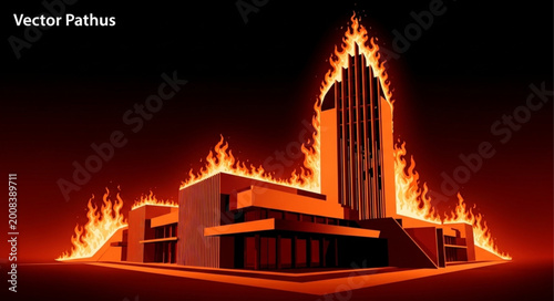 Konstfotografi Burning Modern Building with Tall Flame Tower.