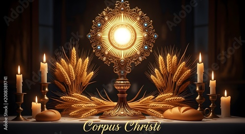 Golden monstrance with wheat and candles, corpus christi celebration