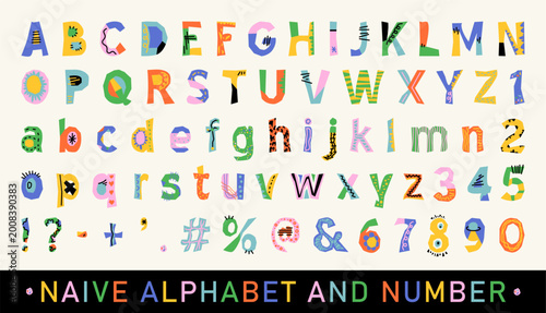 фотографія Playful hand drawn naive doodle alphabet font with cute cartoon style, bright co