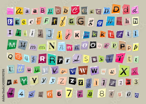Canvas Print Cut out magazine alphabet collage font with torn paper edges, colorful letters and numbers in retro Y2K style, paper scrapbook typography set