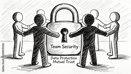 tick figures holding hands around a padlock for team security and data protection