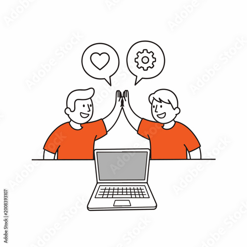 Collaboration Illustration with Two People High Fiving Over a Laptop Computer