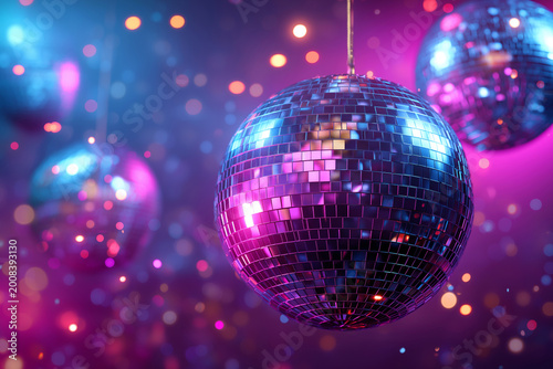 Colorful disco balls with blurred lights in the background. Night club party concept.