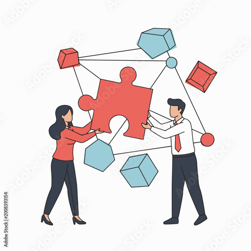 Business Professionals Collaborate Holding Large Puzzle Piece Illustration