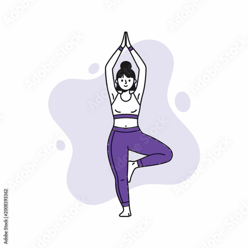 Minimalist Yoga Illustration of Woman in Tree Pose Standing on One Leg