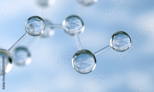 Abstract scientific visualization of water molecules forming a chemical structure with clear spheres.