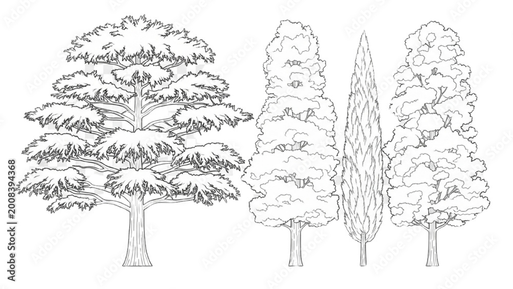 Fototapeta premium 2D AutoCAD drawings of four different trees in a landscape