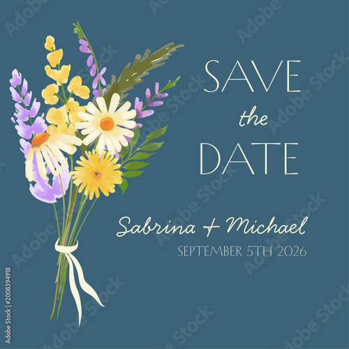 Foto Watercolor Wildflower Save the Date Card Template with Blue Background and Edita