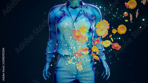 Photos Conceptual 3D illustration of a woman showing her belly with flying flowers
