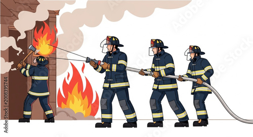 Photos Firefighters Extinguishing Fire with Hose Equipment.