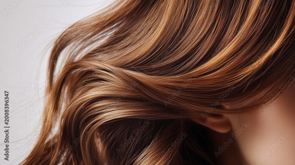Fototapeta premium Beautiful model girl with Brown hair strand,silky healthy chestnut wavy hair strand,hair wavy ribbon, with smooth,Keratin straightening,Treatment,straight long hair,procedures,Smooth hairstyle.