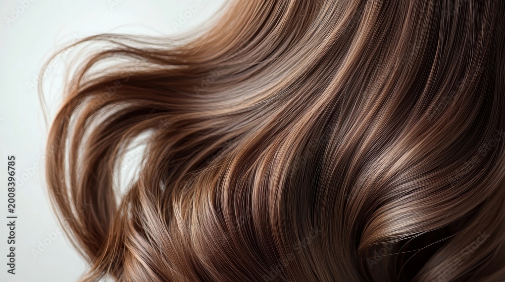 Naklejka premium Beautiful model girl with Brown hair strand,silky healthy chestnut wavy hair strand,hair wavy ribbon, with smooth,Keratin straightening,Treatment,straight long hair,procedures,Smooth hairstyle.