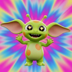 Cartoon alien character smiling against psychedelic tie dye background