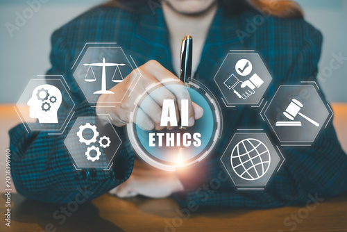Businessperson engaging with AI ethics interface, symbolizing technology and legal balance in modern business.