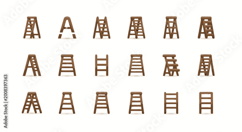 Brown wooden ladders in various positions.