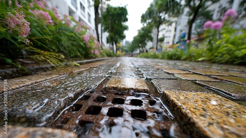 Rain falling on permeable pavement, urban drainage system in a wet city