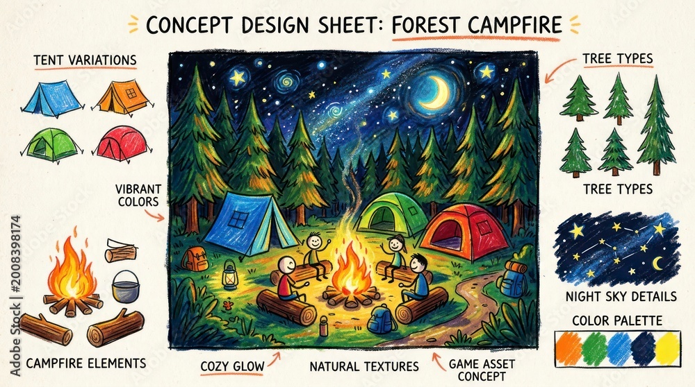Obraz premium Forest Campfire Concept Design Sheet with Tents, Trees, and Night Sky Details.
