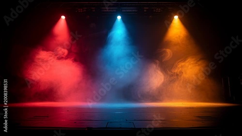 Empty stage with colorful red blue and orange spotlights and smoke effects for theatrical performance