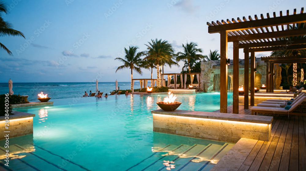 Fototapeta premium Resort Style Pool with Crystalline Water Luxury Stone and Wood Elements Combined Together
