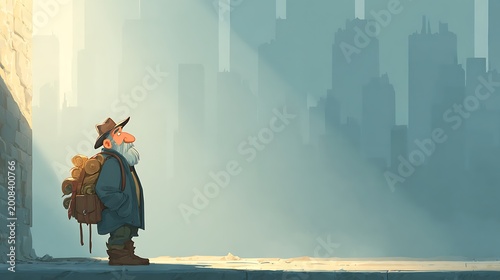 Adventurous old man with backpack standing against a city skyline at sunrise. cartoon illustration
