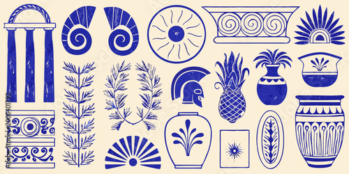Foto ancient greek ornaments and motifs blue vector illustration