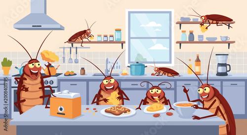Large group of funny cartoon cockroaches is having a feast with various food items on the counters and floor of a clean domestic kitchen.