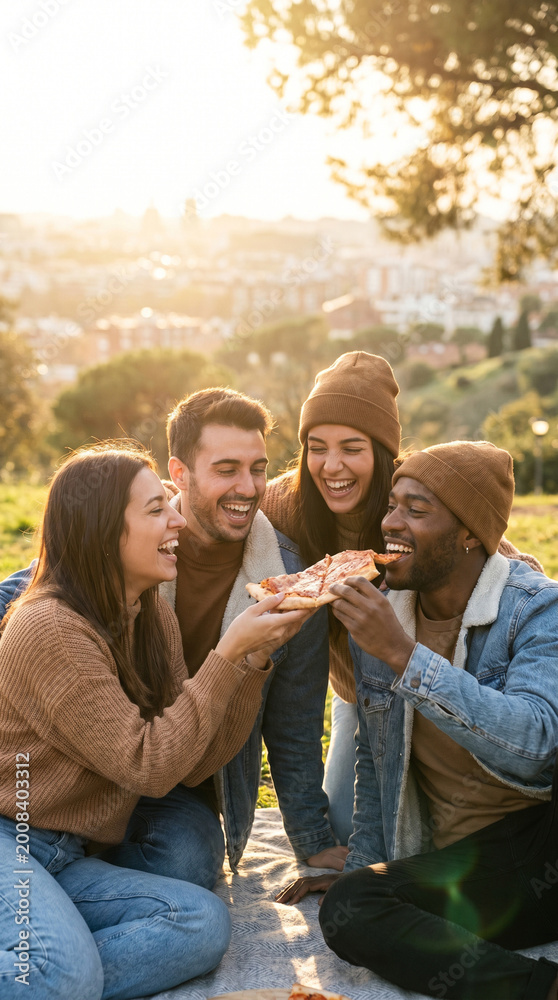 Fototapeta premium Diverse young friends laughing and eating pizza outdoors at sunset. Authentic joyful lifestyle stock photo with warm golden hour light and copy space for text.