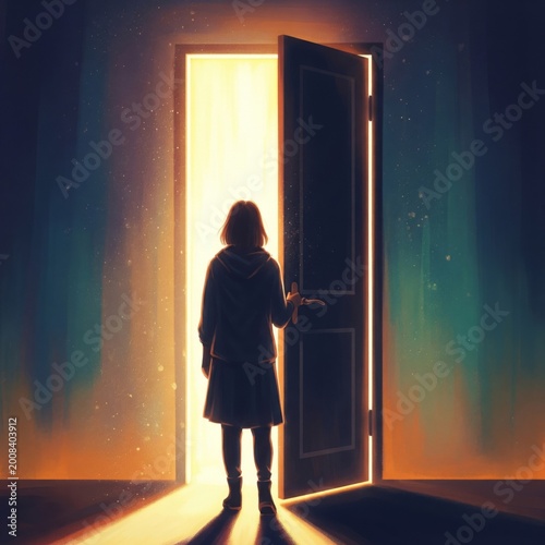 Woman Silhouetted in Doorway Bathed in Warm Light in Dark Room