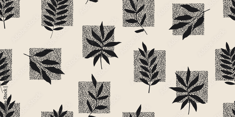 Fototapeta premium Black leaves with abstract dots. Vector repeating design for fabric, wallpaper or wrap papers