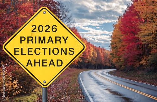 2026 Primary Elections Ahead Road Sign Along Winding Forest Highway In Autumn Voter Awareness