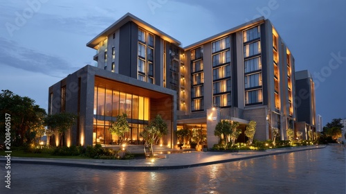 Luxury modern hotel exterior illuminated at dusk with elegant architectural design, warm ambient lighting, landscaped entrance and clear evening sky, premium business travel and tourism destination co